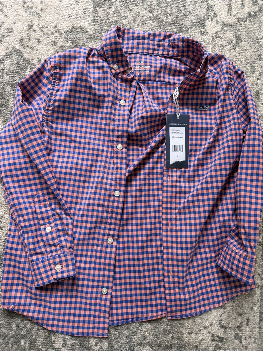 Vineyard Vines boys Pink and Blue performance material Gingham Button-Down Shirt